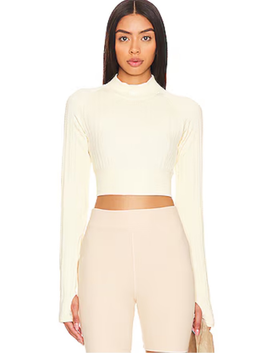 ALO Yoga French Vanilla Seamless Cable Knit Long Sleeve Crop Top - Picture 2 of 3